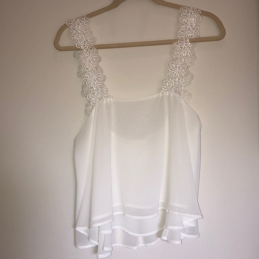 White chiffon top with hand-stitched lace straps.